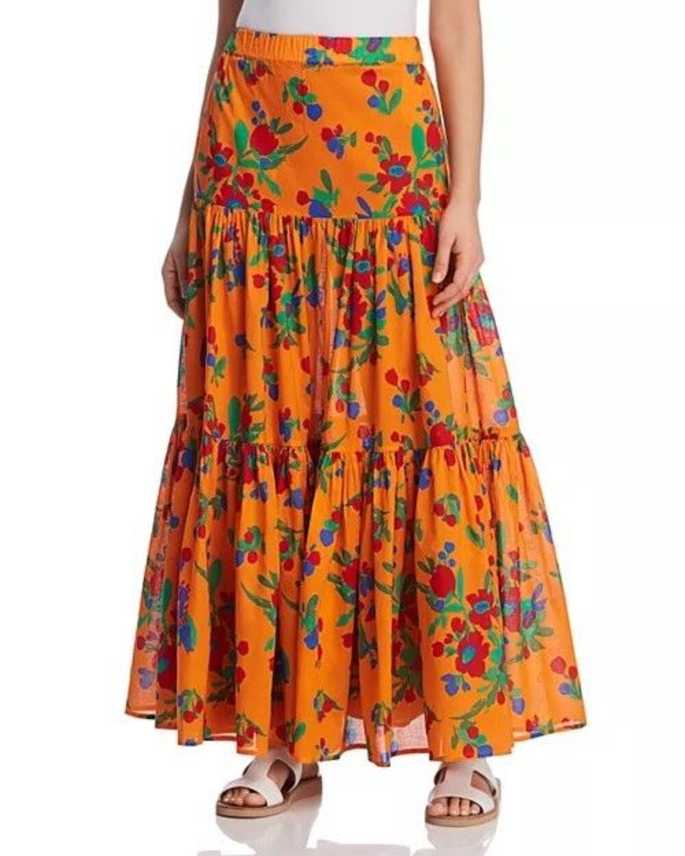 Tory Burch Maxi Skirt Floral Pull On Elastic Waist Pockets Cotton Small
